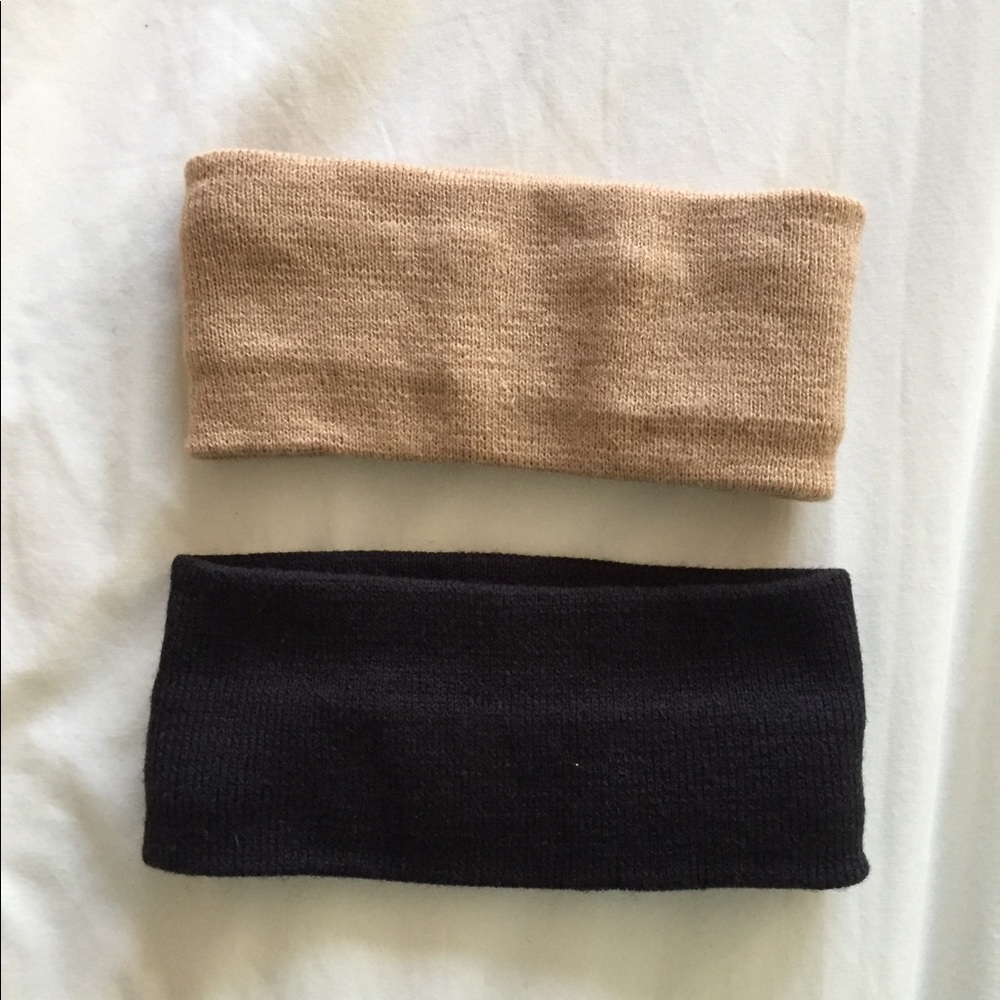 2 Knit Headband Warmer Winter Hat Black and Beige